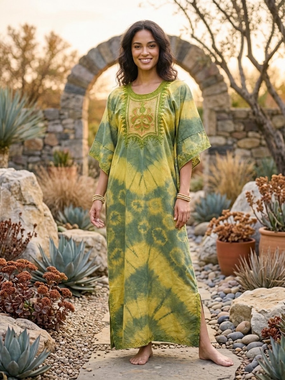 Green Tie-Dye Embroidered Maxi Kaftan Dress